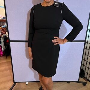 DKNY Black Sheath Cocktail Dress Long Sleeve Crew Neck